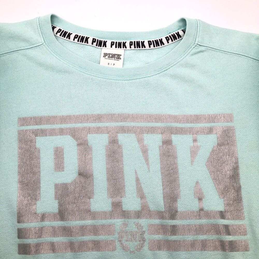 Victoria's Secret Women's PINK Pullover Sweatshirt Size Small Aqua Silver Logo